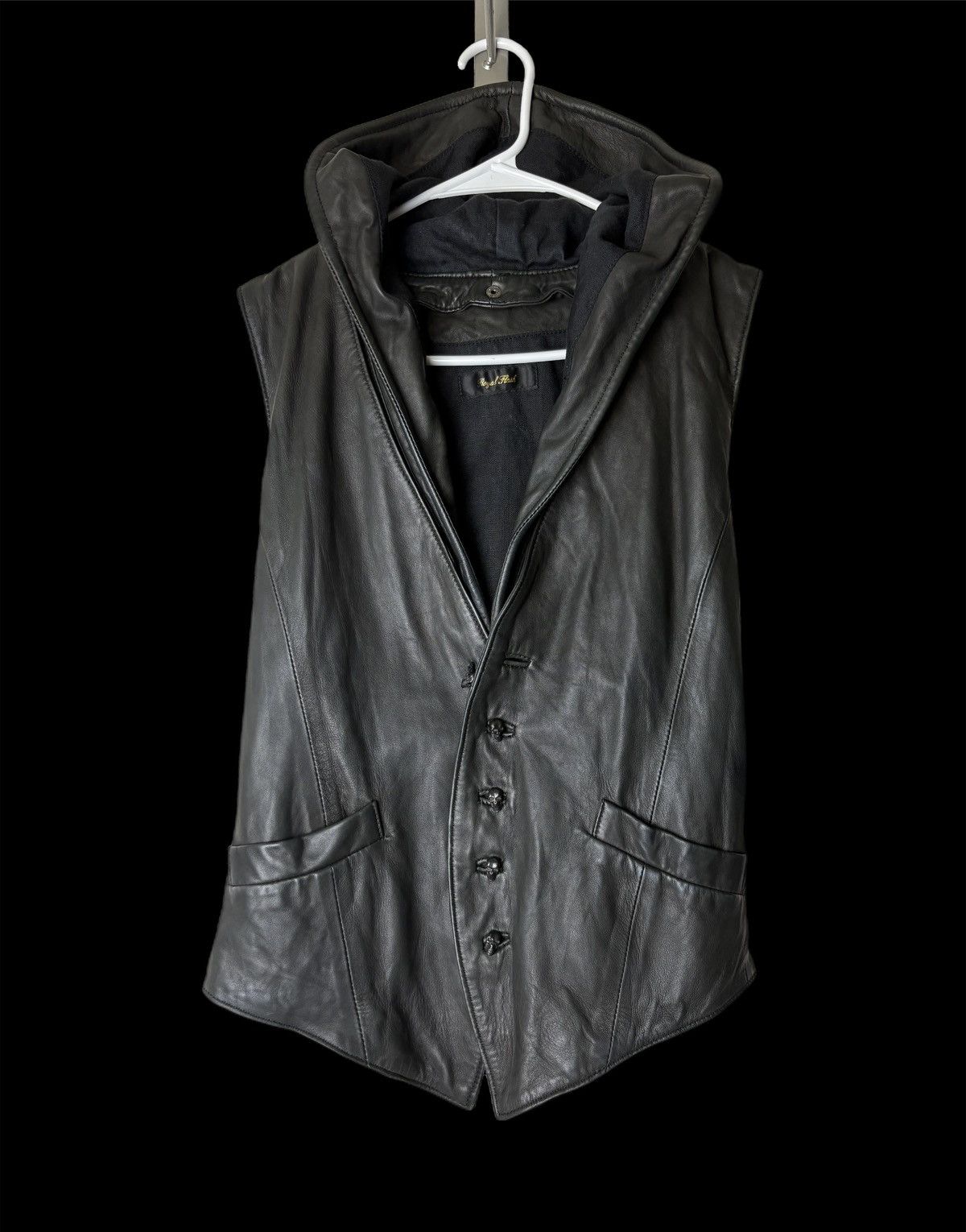 Pre-owned If Six Was Nine Royal Flash Sheepskin Leather Hooded Vest W/ Skull Buttons In Black