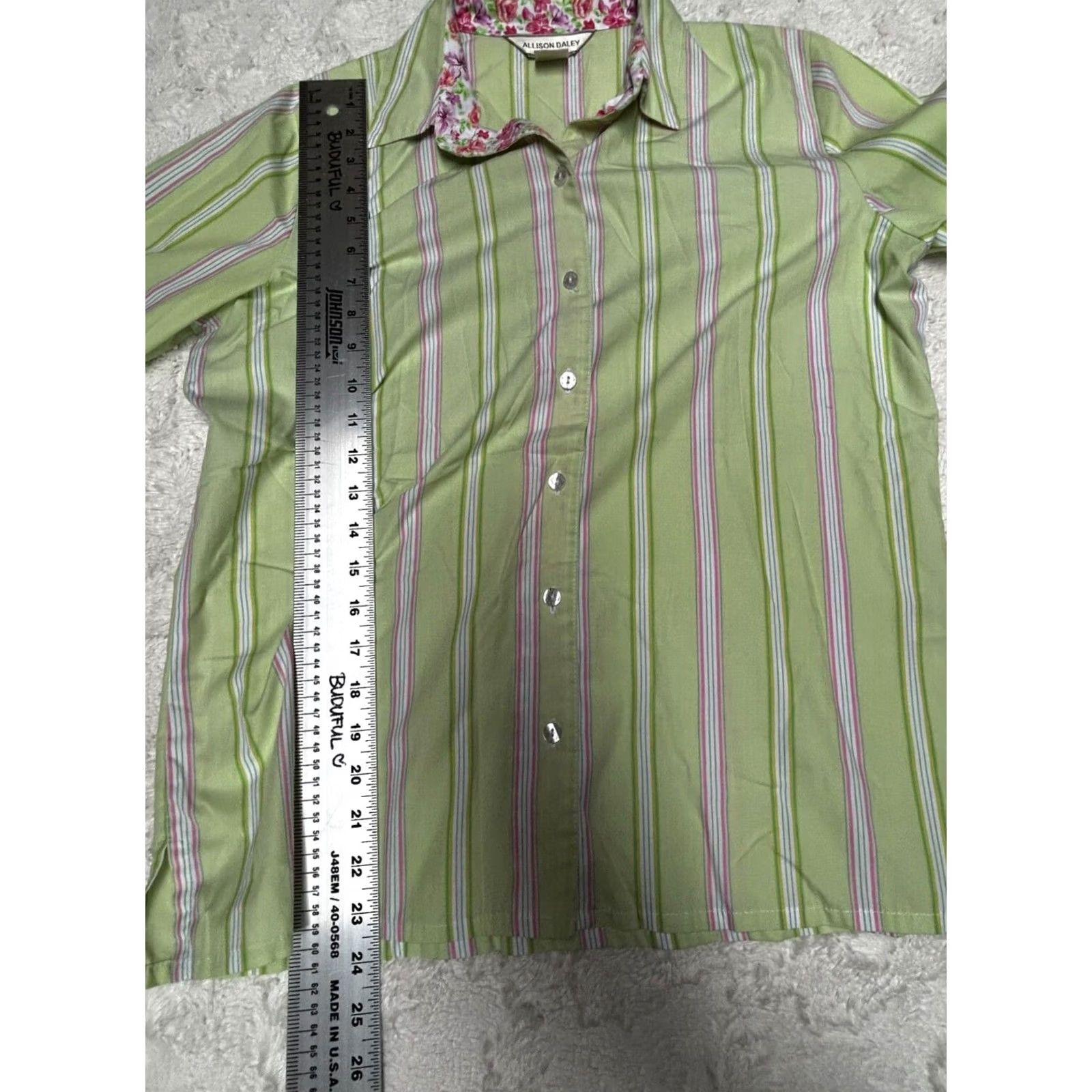 Vintage Allison Daley Women's Top Green Striped Button Down Shirt 3/4 Sleeve Size 8 Size M / US 6-8 / IT 42-44 - 8 Thumbnail