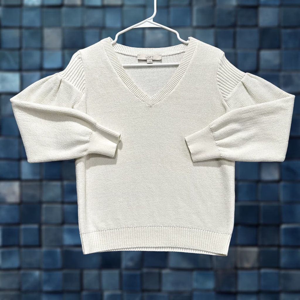 Loft LOFT Sweater Womens Medium Ivory Long Sleeve Ribbed V-Neck Cotton Blend GUC Size M / US 6-8 / IT 42-44 - 1 Thumbnail