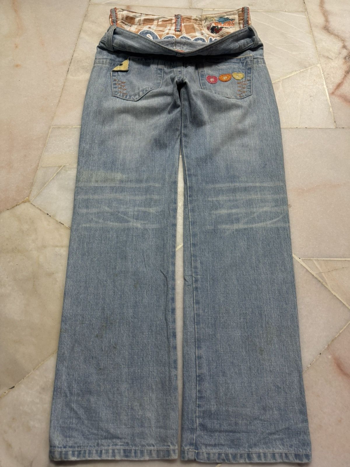 Japanese Brand 💥DOUBLE WAIST 90's💥BLUE MOON BLUE OCEAN EMBROIDERY LOGO RARE Size US 29 - 17 Thumbnail