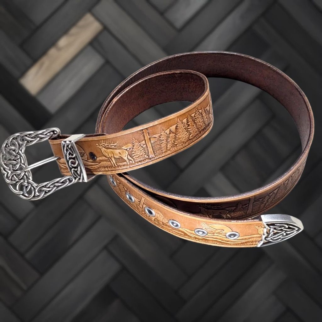 Vintage VINTAGE Handcrafted WESTERN belt 46 leather Full Grain Leather buckle Eagle belt Men Cowboy Rodeo 1-1/2" width Brown 45/46 Size 46 - 1 Thumbnail