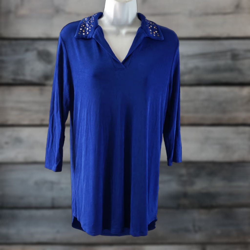 Vintage Chico's Travelers Women's Blouse Shirt 3/4 Sleeve Medium Blue Embellished Collar Travel Modern Solid Vintage No Size M / US 6-8 / IT 42-44 - 1 Thumbnail