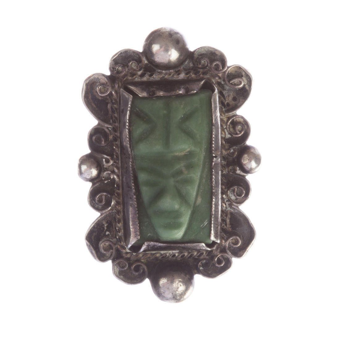 Handmade Mexican Carved Jade Mask Ring Size ONE SIZE - 1 Thumbnail