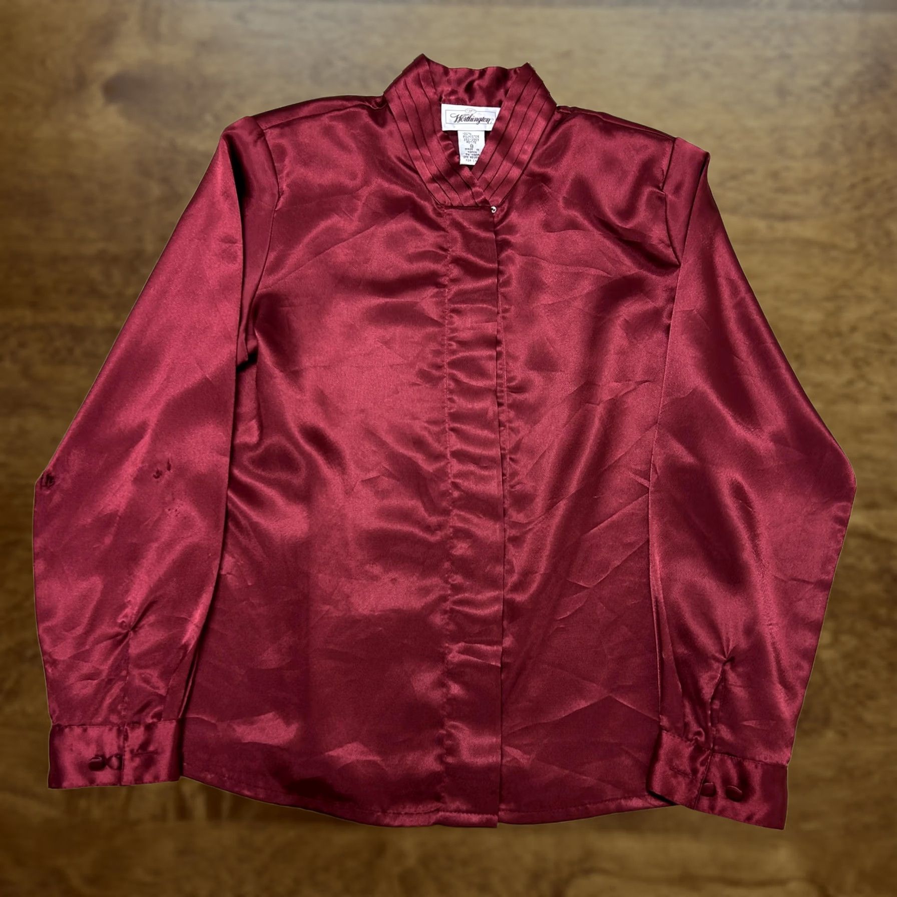 Worthington VINTAGE Worthington Blouse Womens 8P Red High Neck Button Front Long Sleeve Satin Polyester Litlle Frayed Sleeve Details Ladies Menopause? Size M / US 6-8 / IT 42-44 - 1 Thumbnail