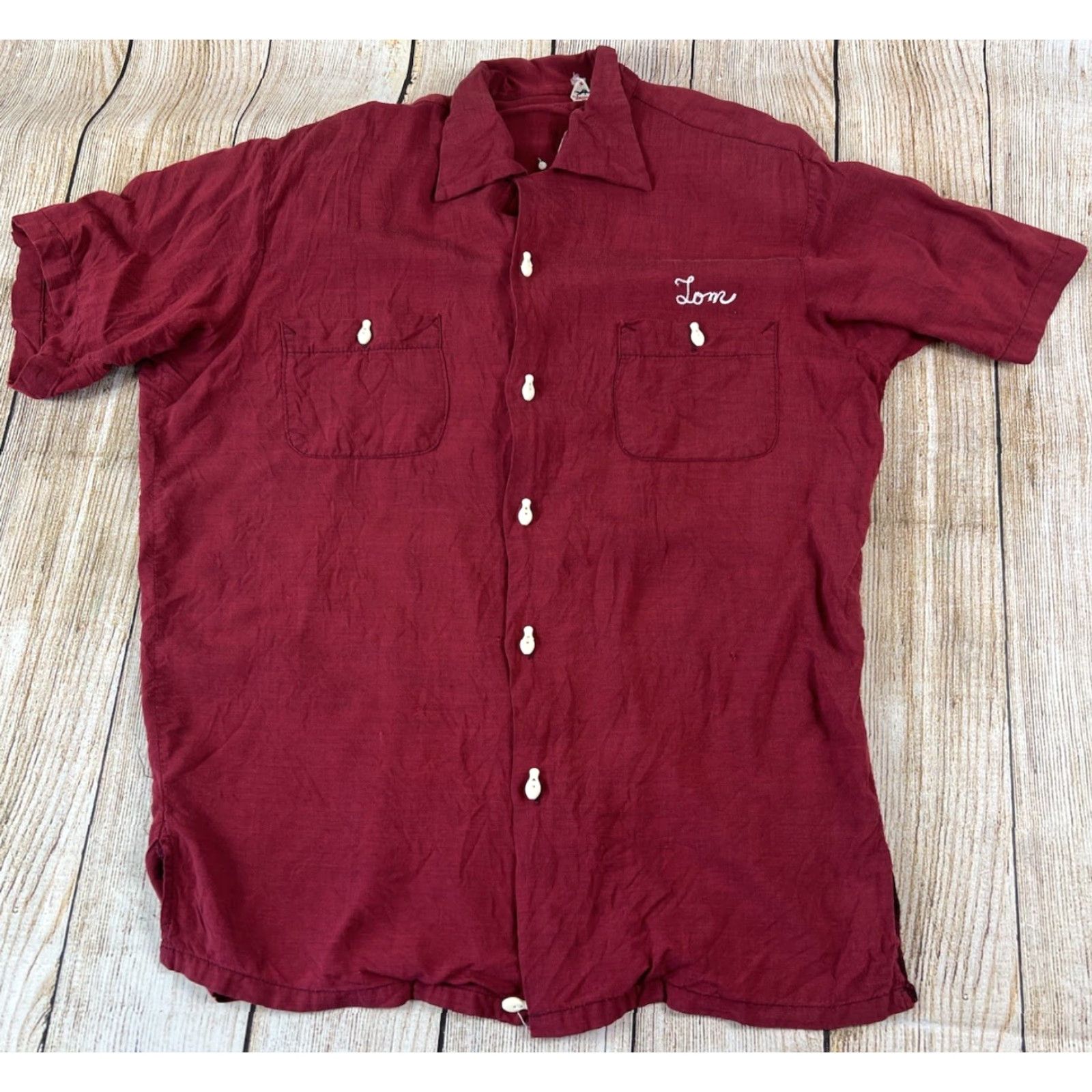 Vintage VINTAGE Air Flo Bowling Shirt Red Small Holes 1950s Cotton Blend Button Shirt M Short Sleeve Mens Size US M / EU 48-50 / 2 - 2 Thumbnail