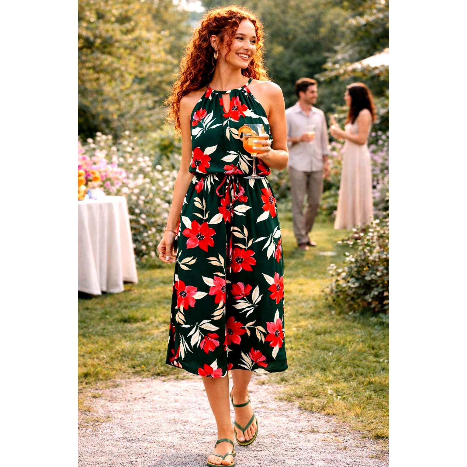 MAGGY LONDON Maggy London Floral Halter Neck Crop Jumpsuit Btrgrncrl 4 Size 27" / US 4 / IT 40 - 1 Thumbnail