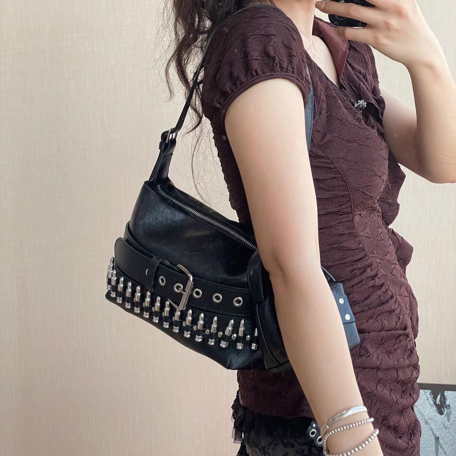 Vintage Black Studded Leather Shoulder Bag with Cross Charm Size ONE SIZE - 1 Thumbnail