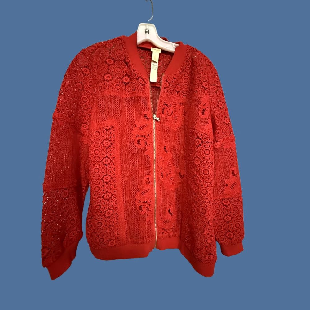 Vintage Chico's Jacket Womens 2 Red Lace Floral Bomber Zip Front Sheer Unlined Size XS / US 0-2 / IT 36-38 - 1 Thumbnail