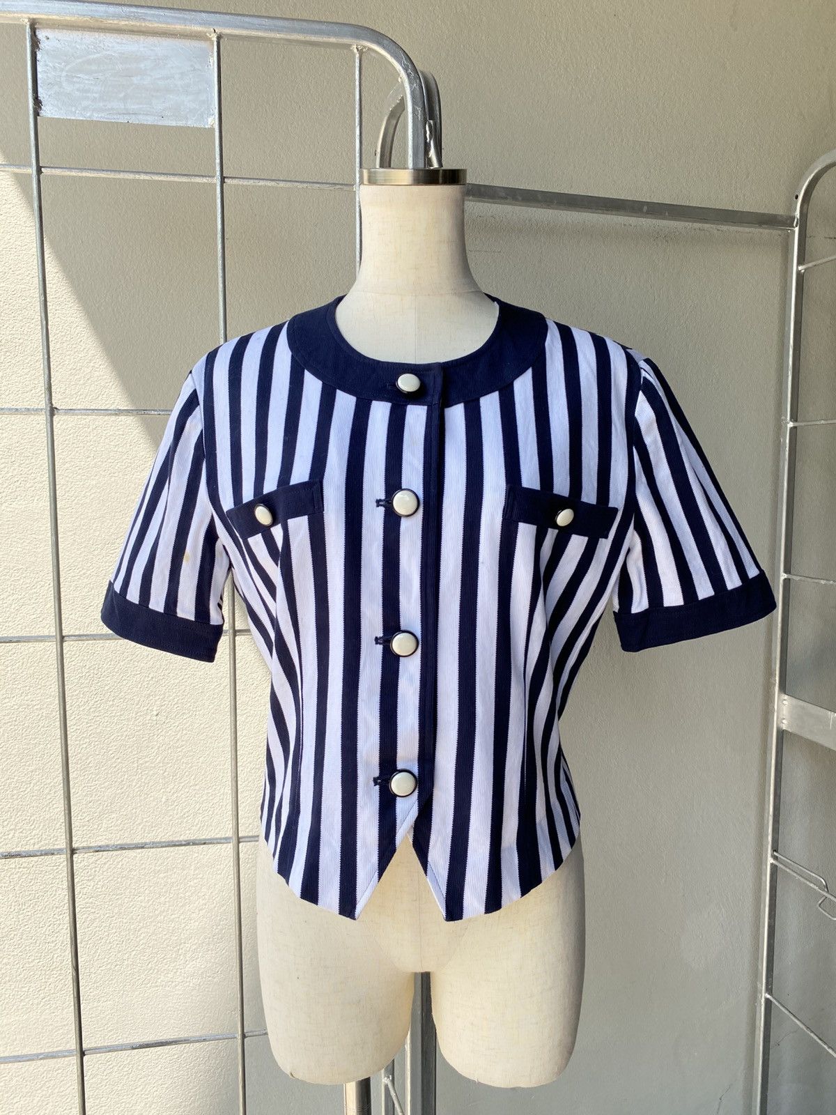 Courrèges Navy Chic Striped Button-Up Blouse.
