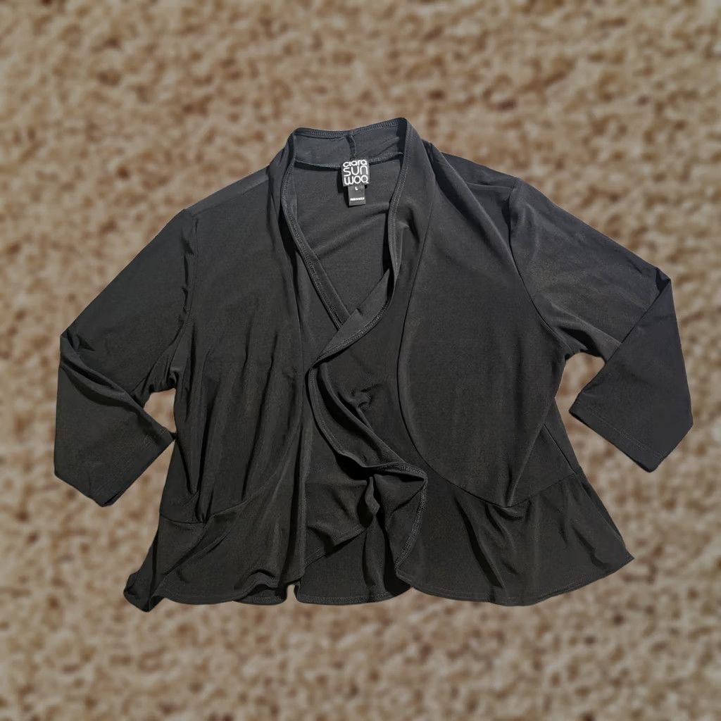 Vintage Clara Sun Woo Top Women Large Black Open Cardigan Shrug 3/4 Sleeve Stretch Basic Knit Blouse Size L / US 10 / IT 46 - 1 Thumbnail