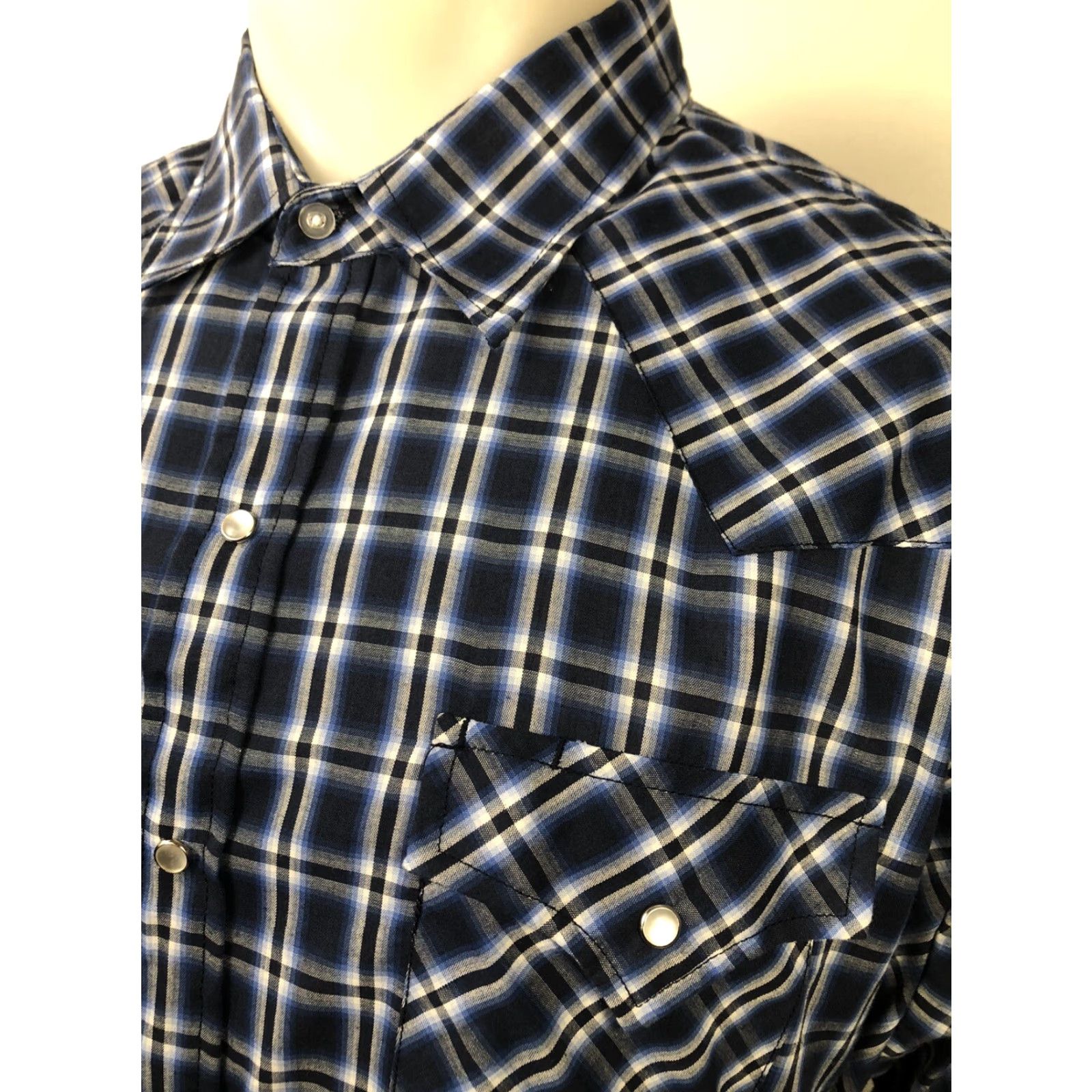 Vintage ELY Cattleman - Pearl Snap Western Rockabilly Cowboy Shirt - Blue/White Plaid - 2XL - Cotton - Button-Up - Men Adult Size US XXL / EU 58 / 5 - 3 Thumbnail