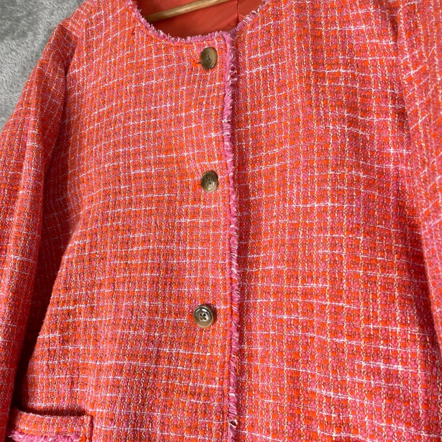 J. Jill VINTAGE J Jill Tweed Jacket Womens 4X Orange Pink Plaid Fringe Trim Button Front Coat Size XXL / US 16-18 / IT 52-54 - 2 Thumbnail
