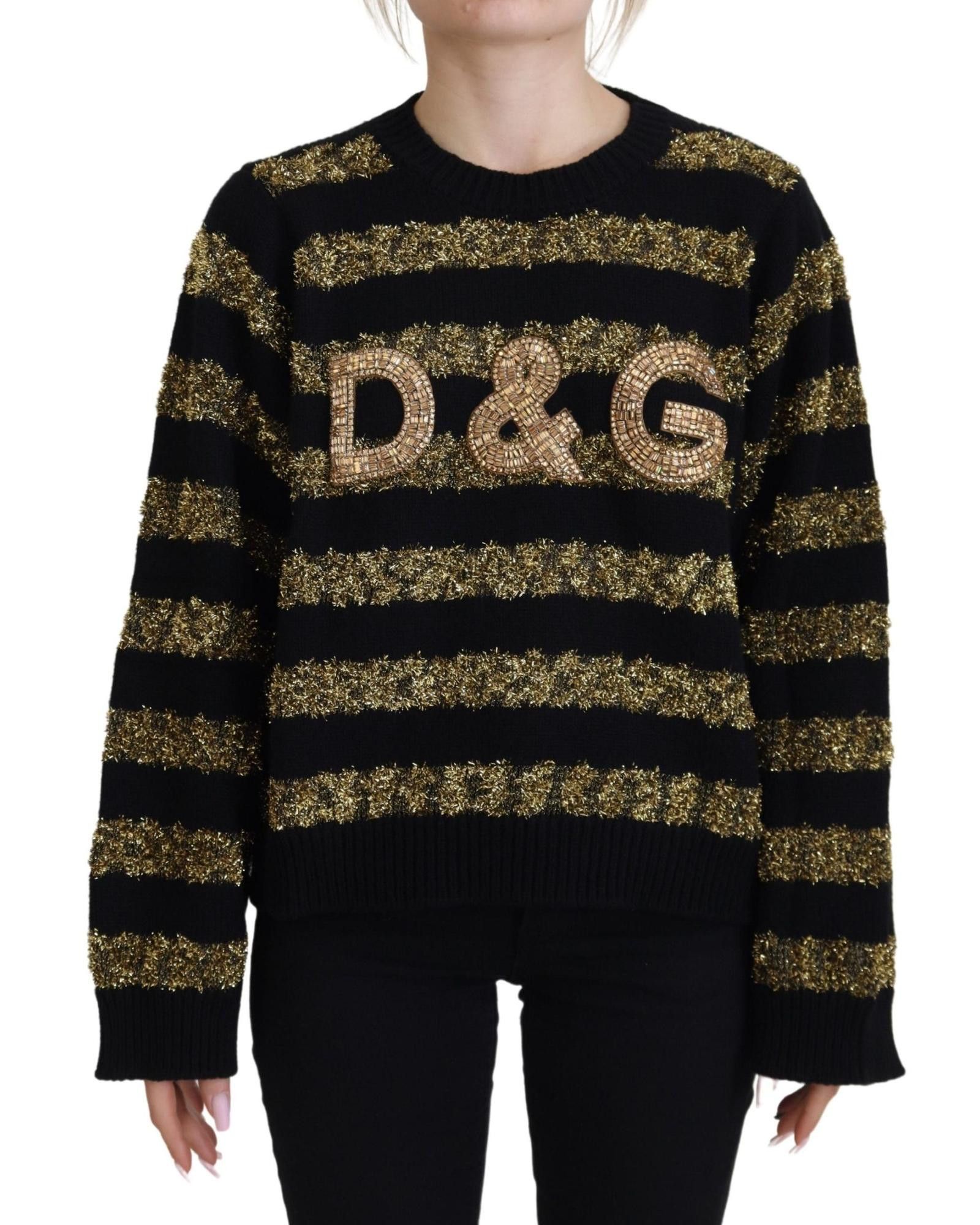 image of Dolce Gabbana Gorgeous Crystal Cashmere Sweater With Gold Detail in Black, Women's (Size XS)