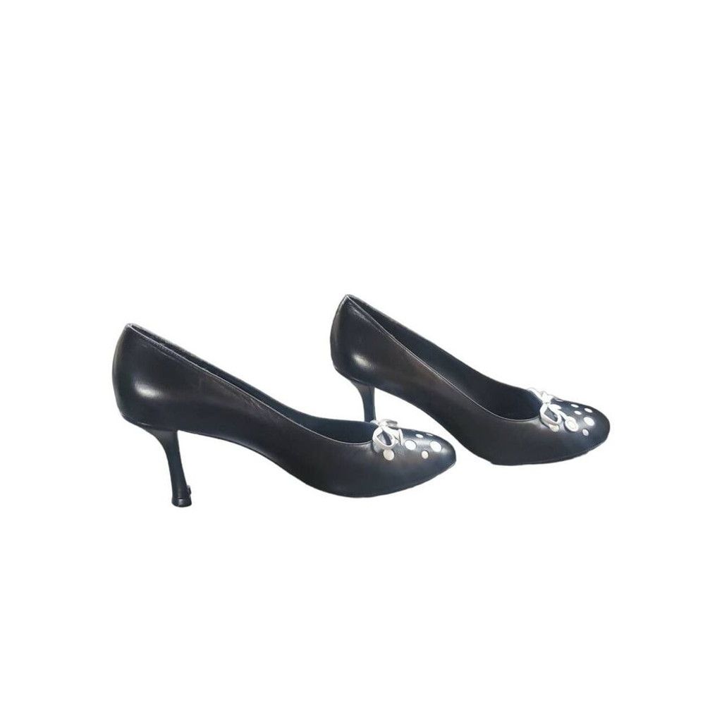 Stuart Weitzman Stuart Weitzman Black Leather Heels White Polka Dots & Bow Size US 7.5 / IT 37.5 - 4 Thumbnail