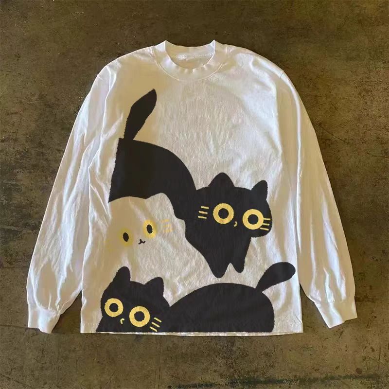 Vintage White casual retro kitten print cotton long-sleeved t-shirt Size US M / EU 48-50 / 2 - 1 Thumbnail