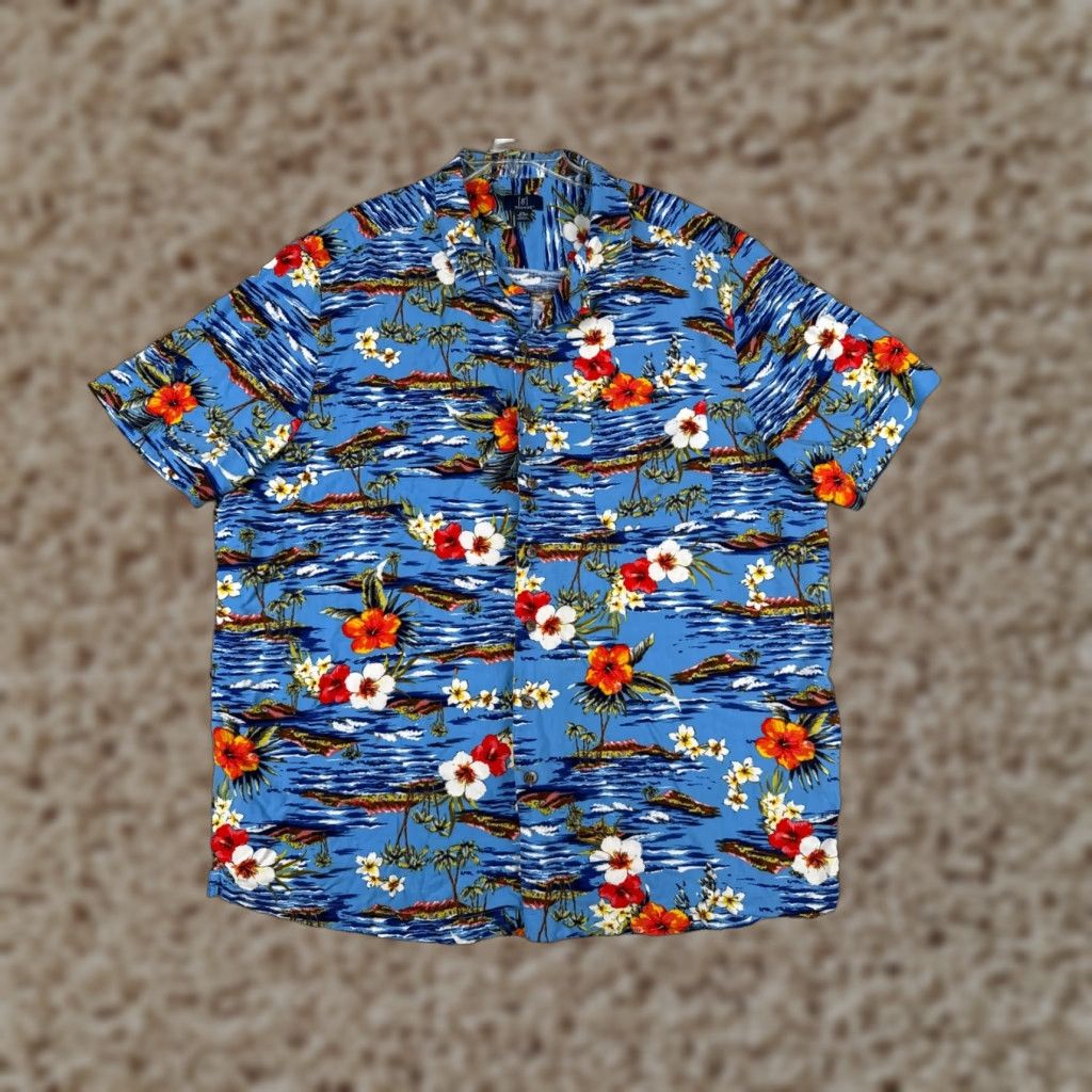 George George Mens Shirt 2XL Hawaiian Floral Short Sleeve Button-Up Blue Size US XXL / EU 58 / 5 - 1 Thumbnail
