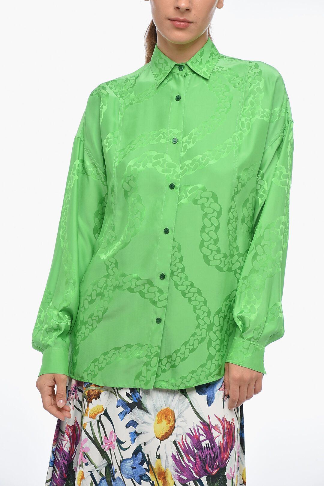 Stella McCartney og1mm0824 Satin Shirt With Standard Collar in Green Size S / US 4 / IT 40 - 1 Thumbnail