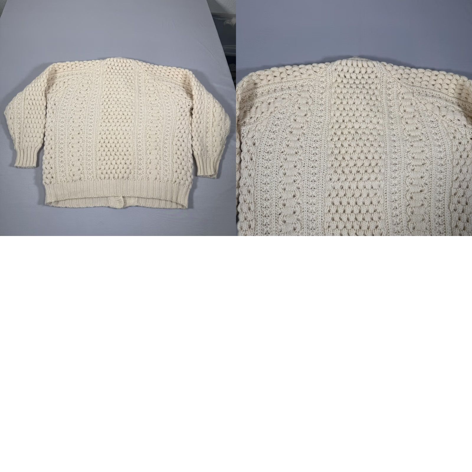 Vintage Rita Condron Cardigan Sweater Womens M White 100% Wool Aran Knit Ireland Button Front Mock Neck Raglan Sleeve Pockets Size M / US 6-8 / IT 42-44 - 9 Thumbnail