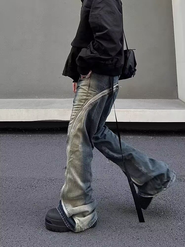 Street wash gradient grunge zipper micro-flare jeans