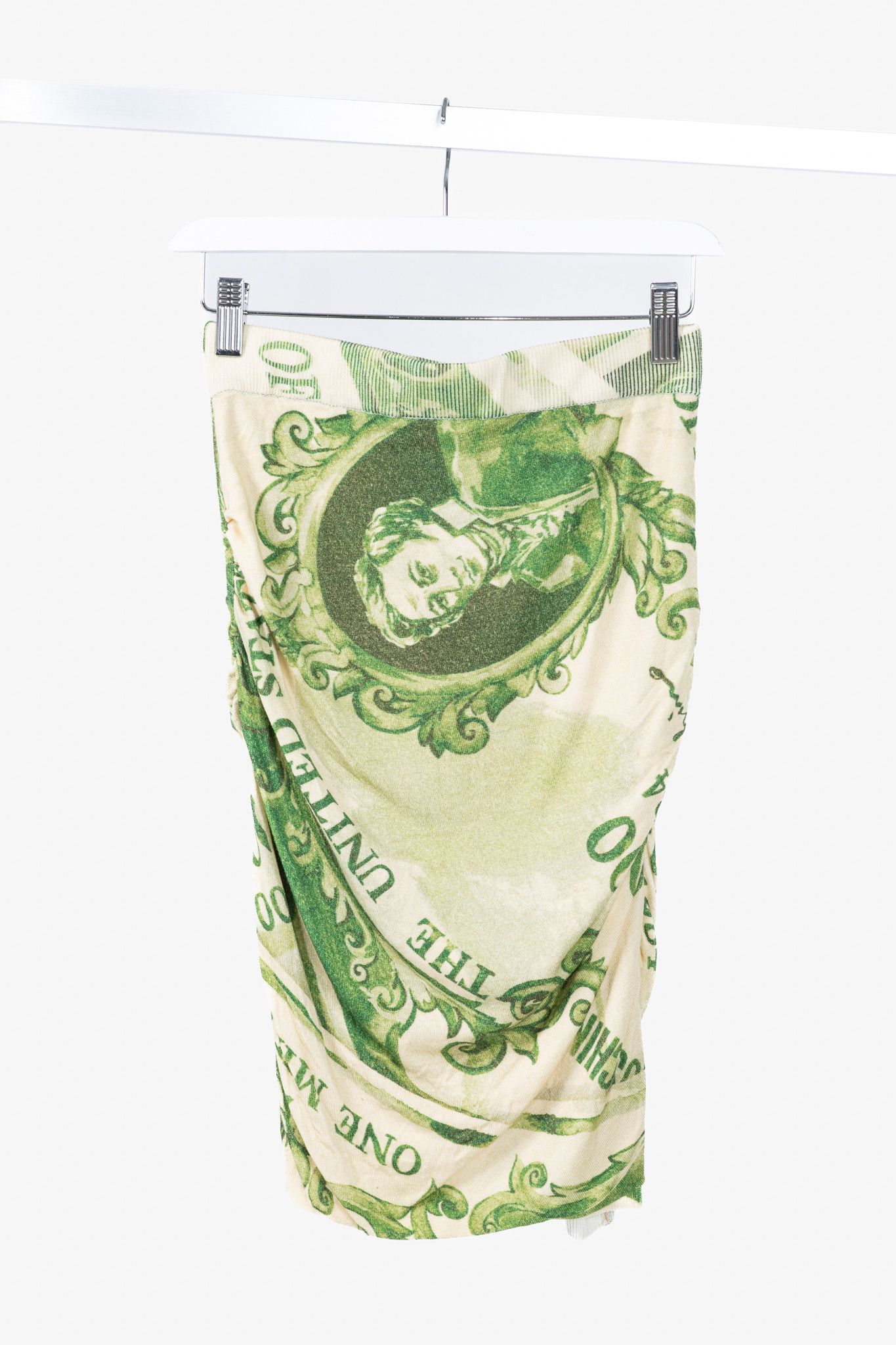 Moschino Moschino AW/19 Green Wool Money-Print Ruched Skirt Size 28" / US 6 / IT 42 - 2 Thumbnail