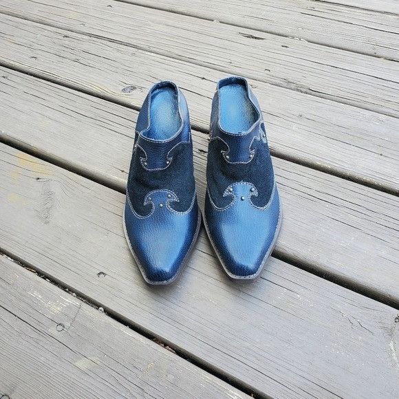 Vintage Vintage 70s Western Boho Blue Leather and Suede Heeled Mules Size US 8 / IT 38 - 2 Thumbnail