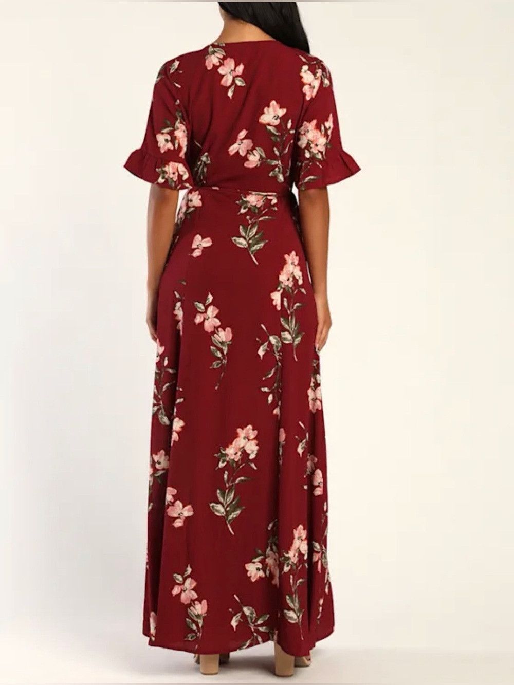 Lulus September Sunsets Burgundy Floral V-neck Wrap Maxi Dress Size S / US 4 / IT 40 - 2 Thumbnail