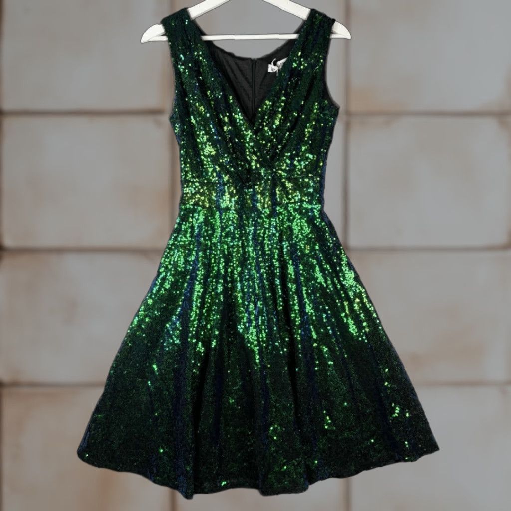 Gloverall Grace Karin Womens Dress S Sleeveless All Over Sequin Fit & Flare Green NWT Size S / US 4 / IT 40 - 1 Thumbnail