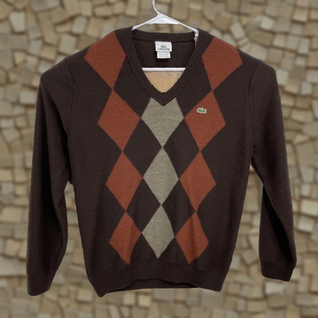 Lacoste Lacoste Sweater Mens Large V-Neck Argyle Brown Gray Wool Alpaca Pullover Knit Size US L / EU 52-54 / 3 - 1 Thumbnail