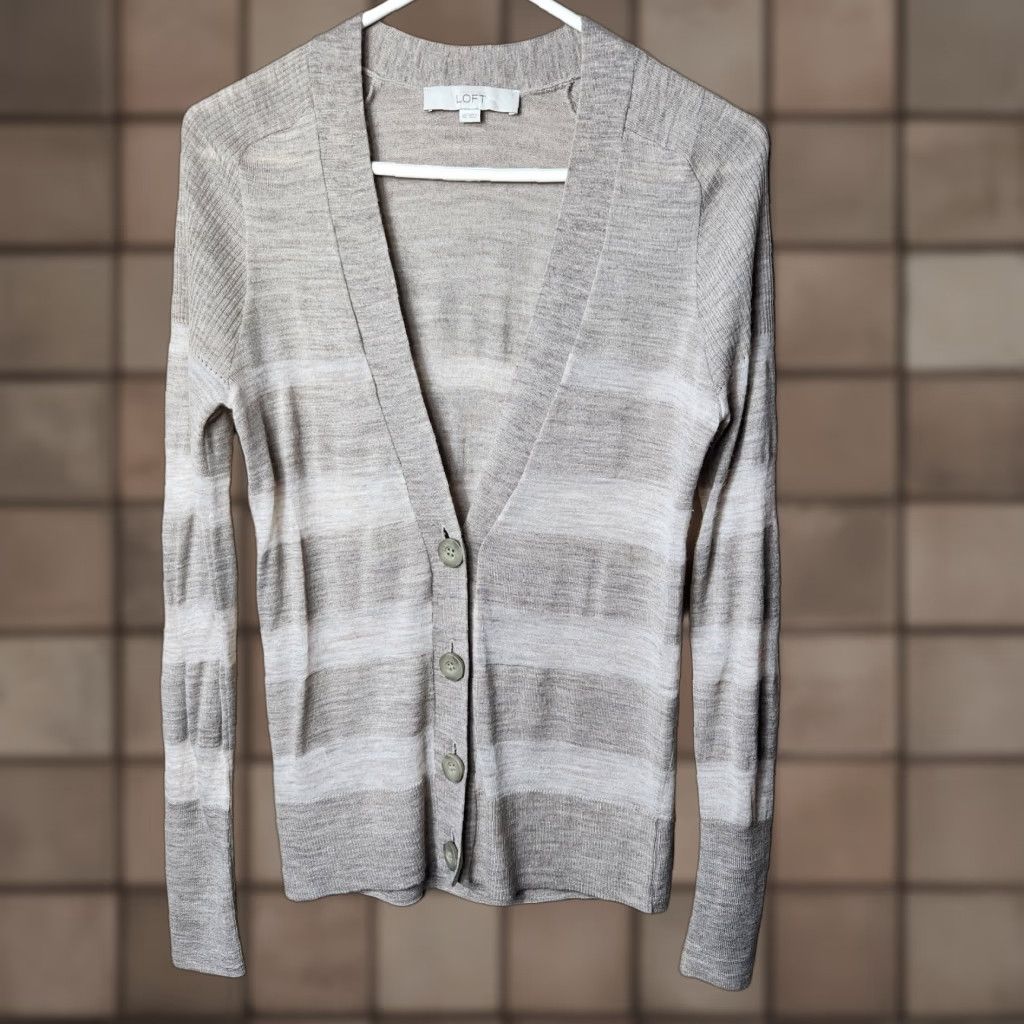 Loft LOFT Womens Tan Stripe Large Lightweight Wool Blend Vneck Cardigan-Size XS Size XS / US 0-2 / IT 36-38 - 1 Thumbnail