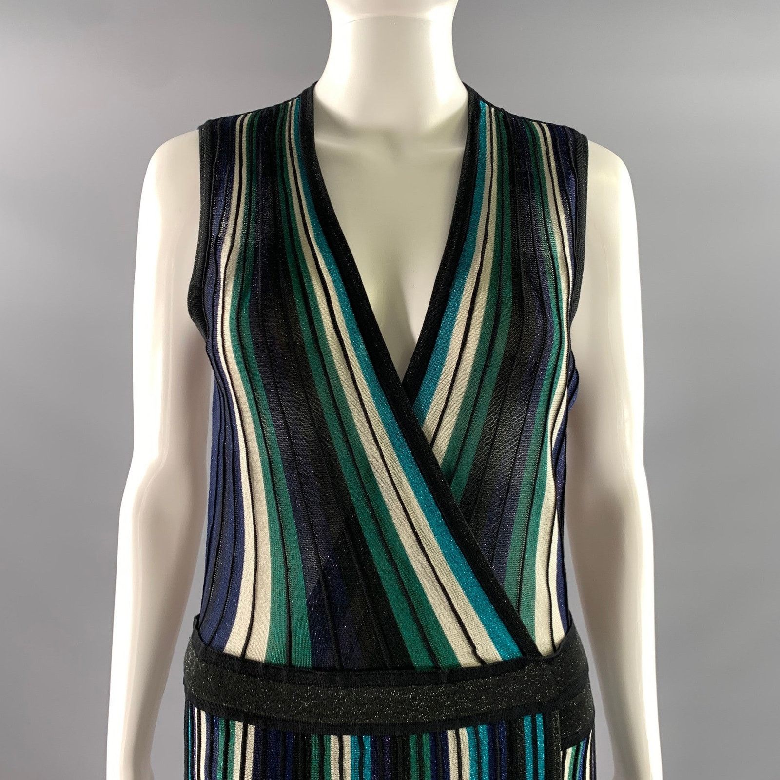 Diane von Furstenberg DVF M Black Green Silk Blend Stripe Wrap Mid-Calf Dress Size M / US 6-8 / IT 42-44 - 2 Thumbnail