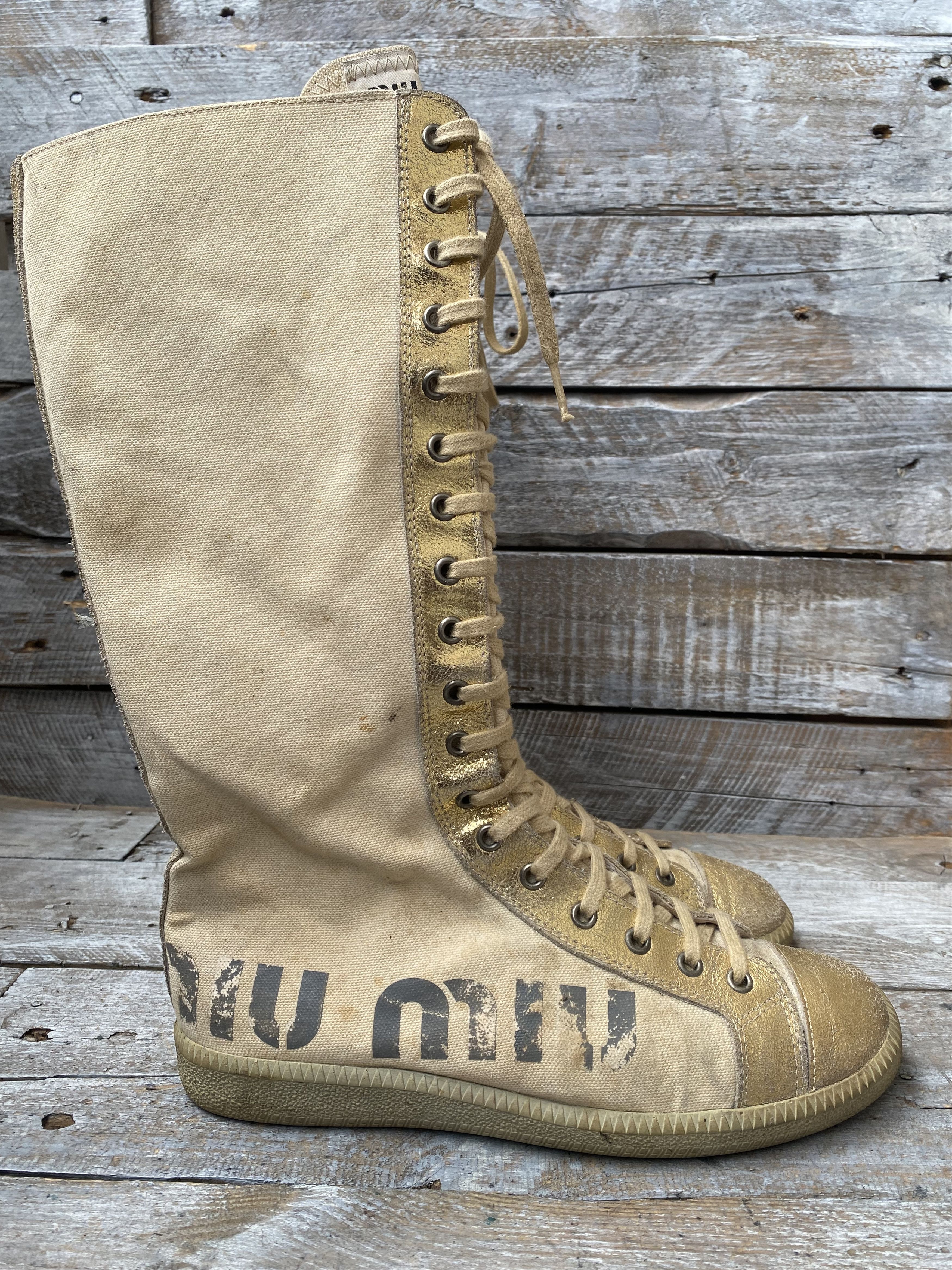 Miu Miu Vintage 90's Miu miu boxing canvas gold sneakers sz38,Y2k Size US 8 / IT 38 - 8 Thumbnail
