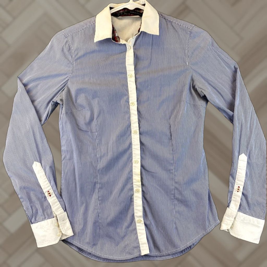 Zara ZARA Blouse Shirt Women Long Sleeve Button Front Collared Striped Sheer White XS Regular Size XS Women's Blouse Size XS / US 0-2 / IT 36-38 - 1 Thumbnail