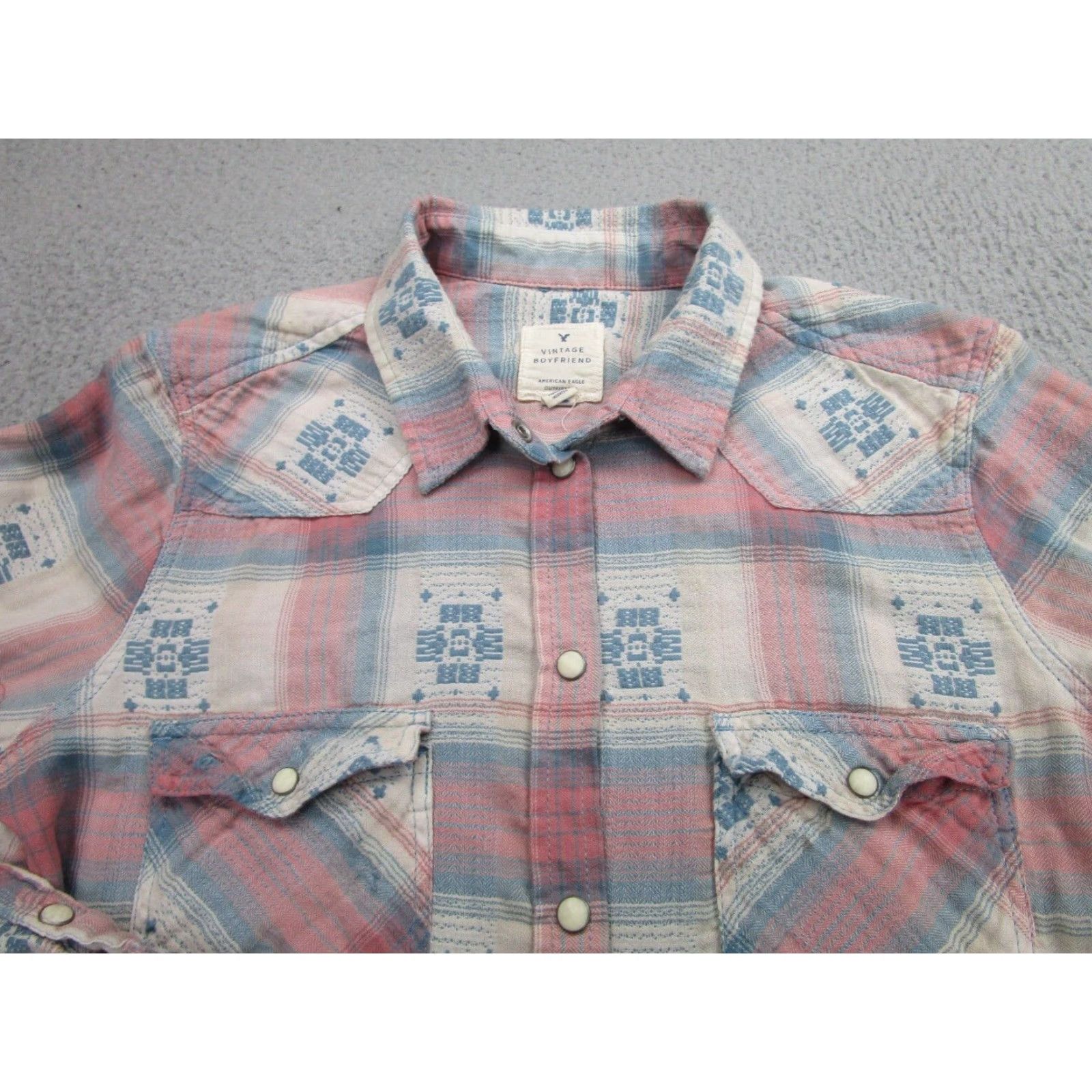 American Eagle Outfitters American Eagle Plaid Long Sleeve Shirt Womens Small Pink Blue Embroidered Snap Button-Up Western Cowgirl Bohemian Womens Size S / US 4 / IT 40 - 5 Thumbnail