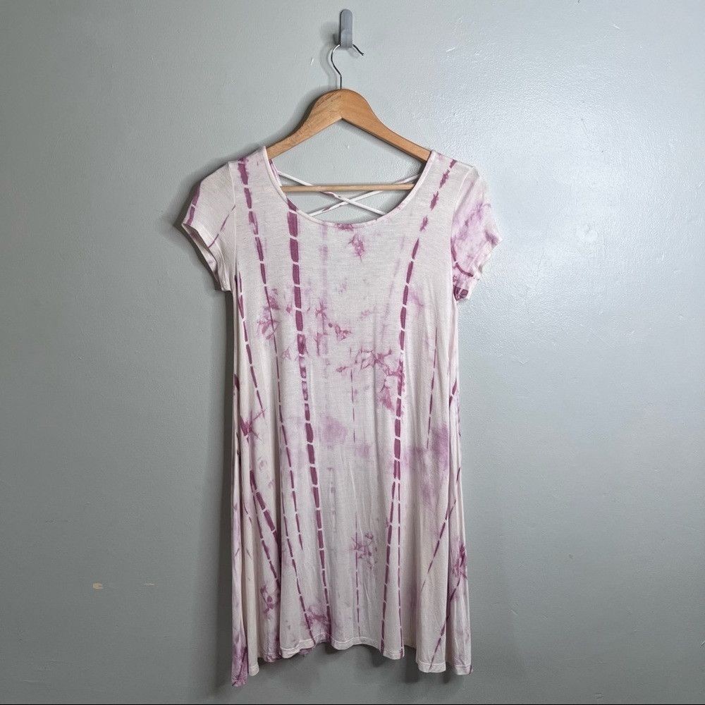 Designer Tie Dye Tunic Dress with Criss Cross Back. Pink White Small Size ONE SIZE - 2 Thumbnail