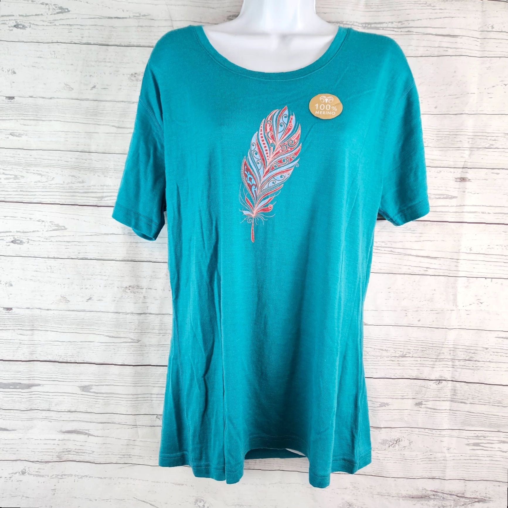 Vintage Kia Kaha Womens Merino Wool Tee Sz XL Blue Pink Feather Short Sleeve Shirt Womens XL Merino Wool Tee Size 40" / US 18 - 2 Thumbnail