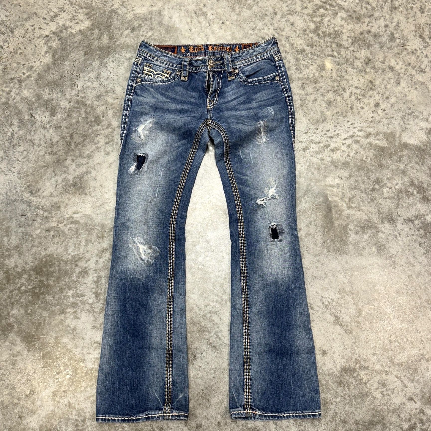 Vintage Rock Revival Jeans Womens Bootcut Blue 28 Distressed Mid Rise Denim Slim Embroidered Logo Pockets Button Inseam 33 Zip Vintage No Size 28" / US 6 / IT 42 - 4 Thumbnail