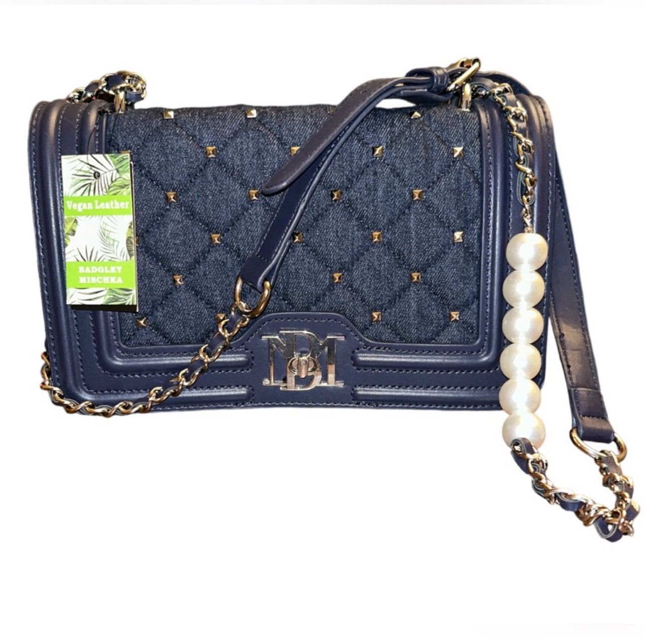 Badgley Mischka Badgley Mischka Denim Blue Vegan Leather Studded Pearl Bag Size ONE SIZE - 2 Thumbnail