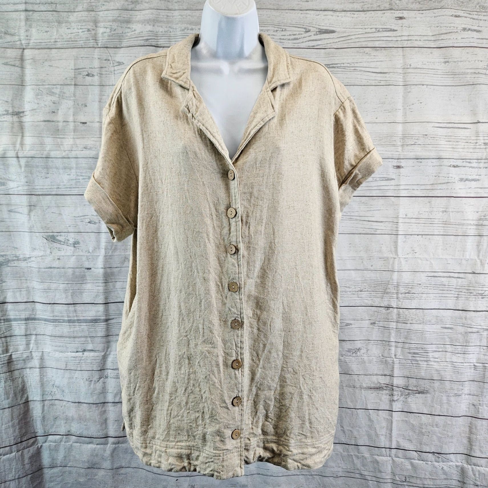 Vintage Miou Muse Womens Pop Off Linen Dress Sz Large Beige Short Sleeve Size 36" / US 14 / IT 50 - 2 Thumbnail