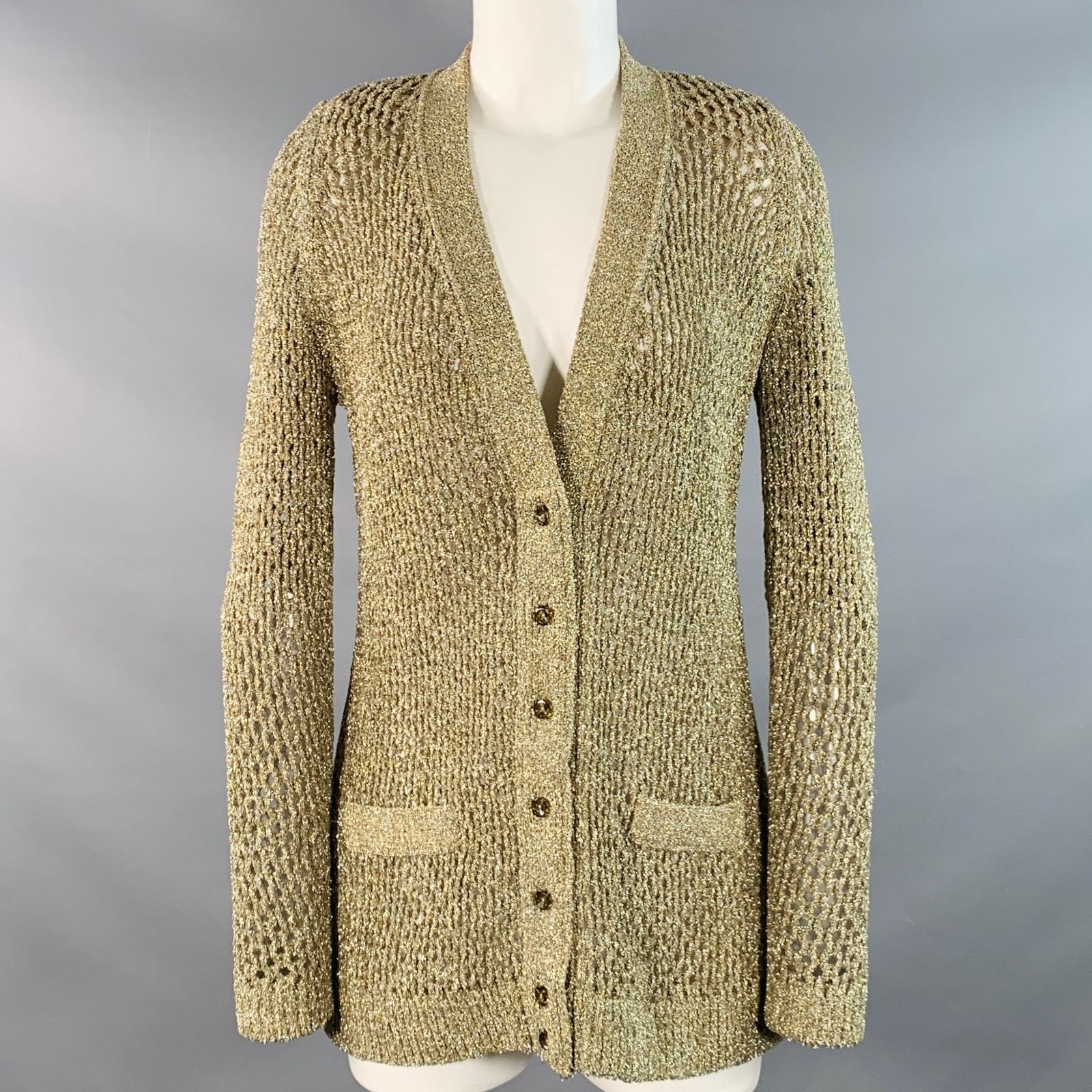 Marc Jacobs Size S Gold Nylon Metallic Knit Buttoned Cardigan Size S / US 4 / IT 40 - 1 Thumbnail