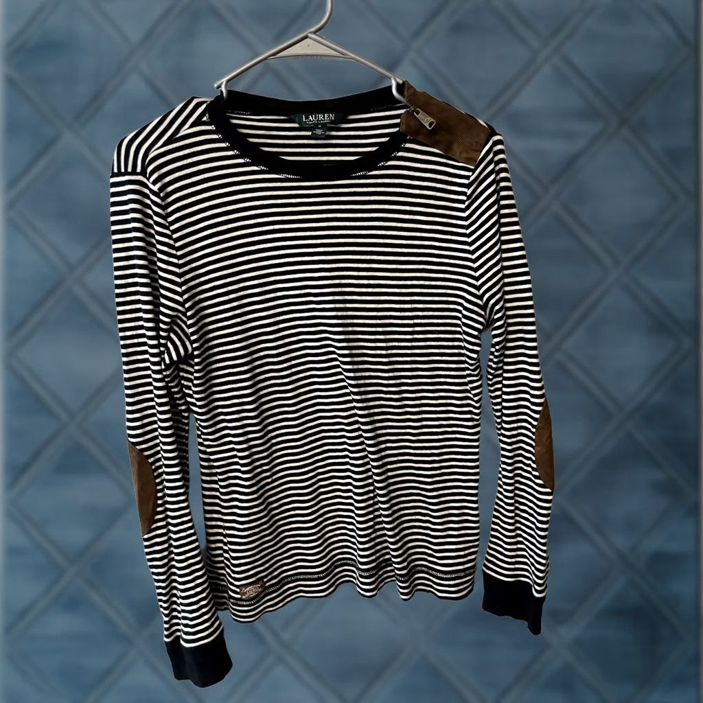 Ralph Lauren Lauren Ralph Lauren Shirt Black Striped Long Sleeve Suede Shoulder Zip M Womens Size M / US 6-8 / IT 42-44 - 1 Thumbnail