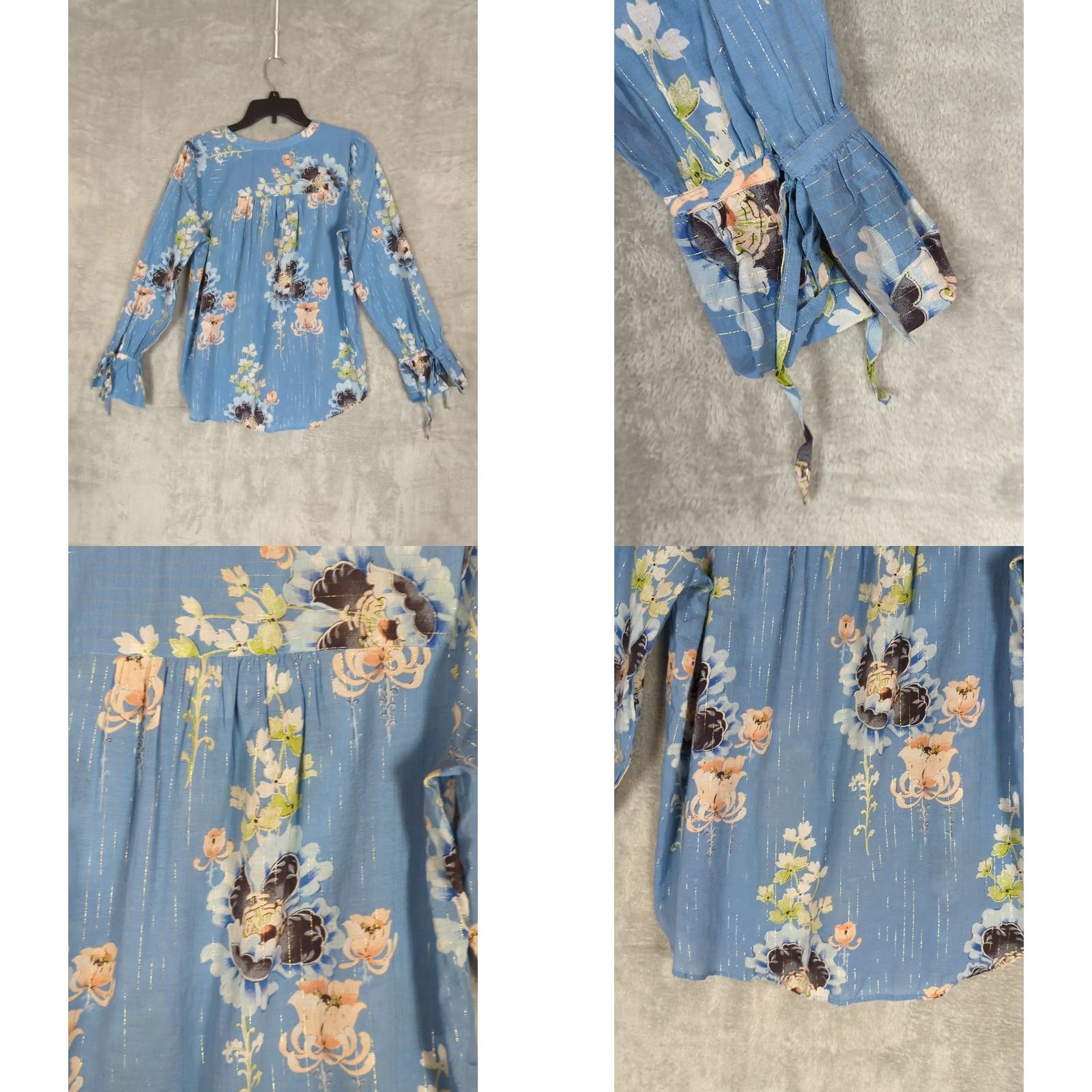 Loft VINTAGE Loft Blue Shimmer Floral blossom Blouse Tie Cuff Bell Sleeve Button Front Top M Size M / US 6-8 / IT 42-44 - 8 Thumbnail
