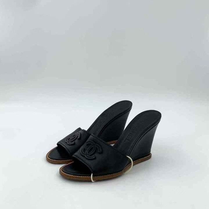 Chanel Chanel Black Logo Leather Wedge Sandals Size US 4 / IT 34 - 1 Thumbnail