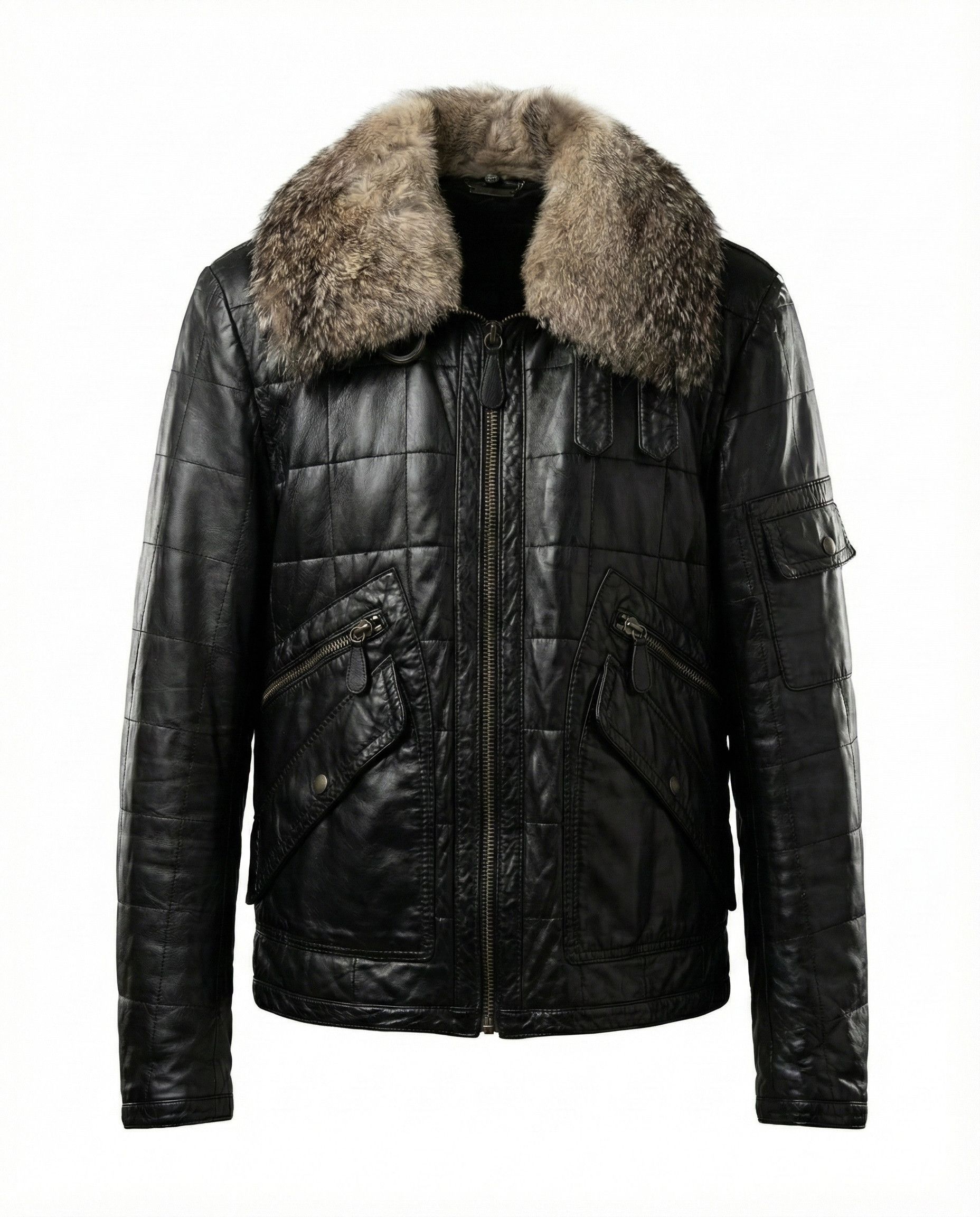ROBERTO CAVALLI LEATHER JACKET WITH WOLF COLLAR