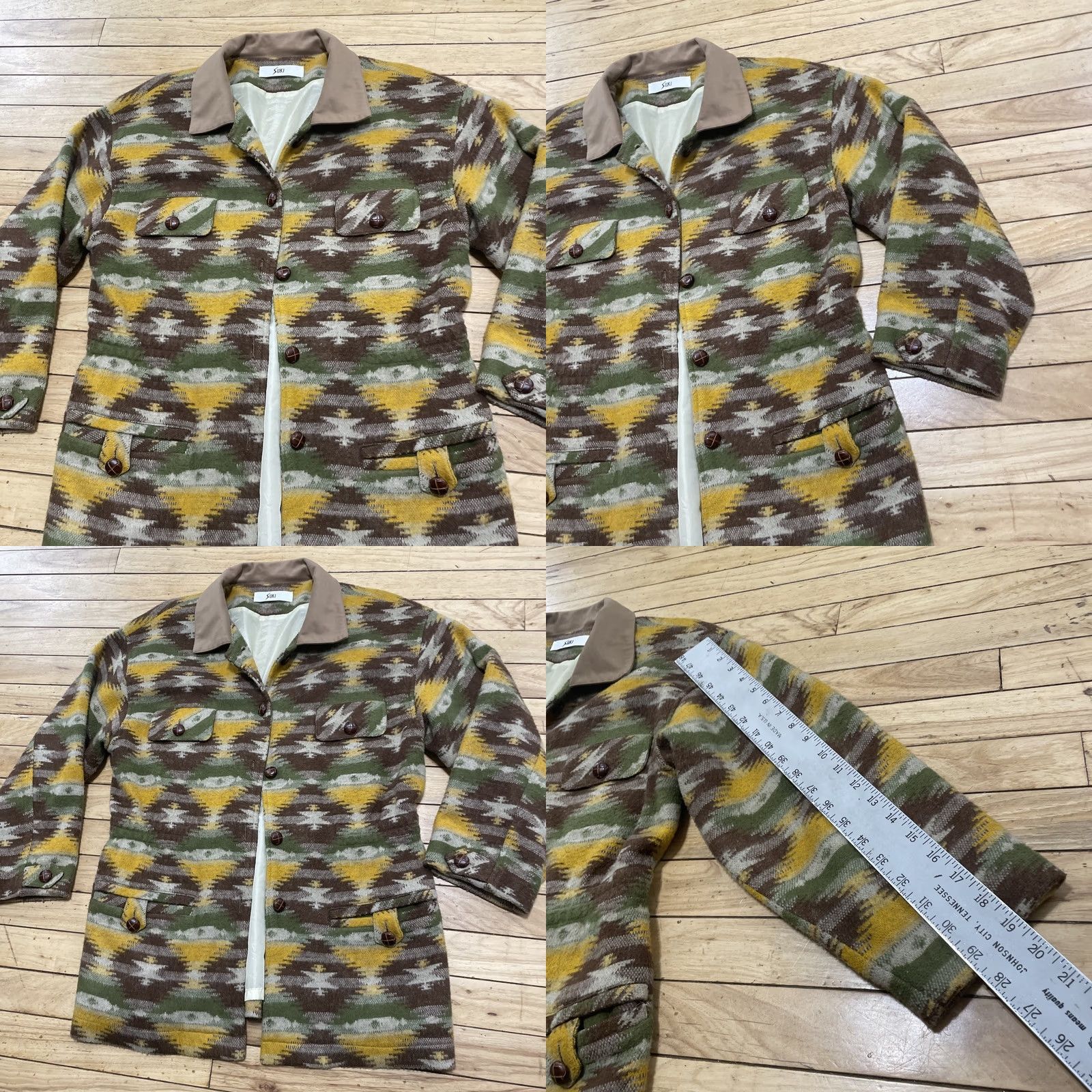 Vintage SUKI Southwestern Jacket Women M Lined Shacket Brown Buttons Green Yellow Hippie Size M / US 6-8 / IT 42-44 - 10 Thumbnail