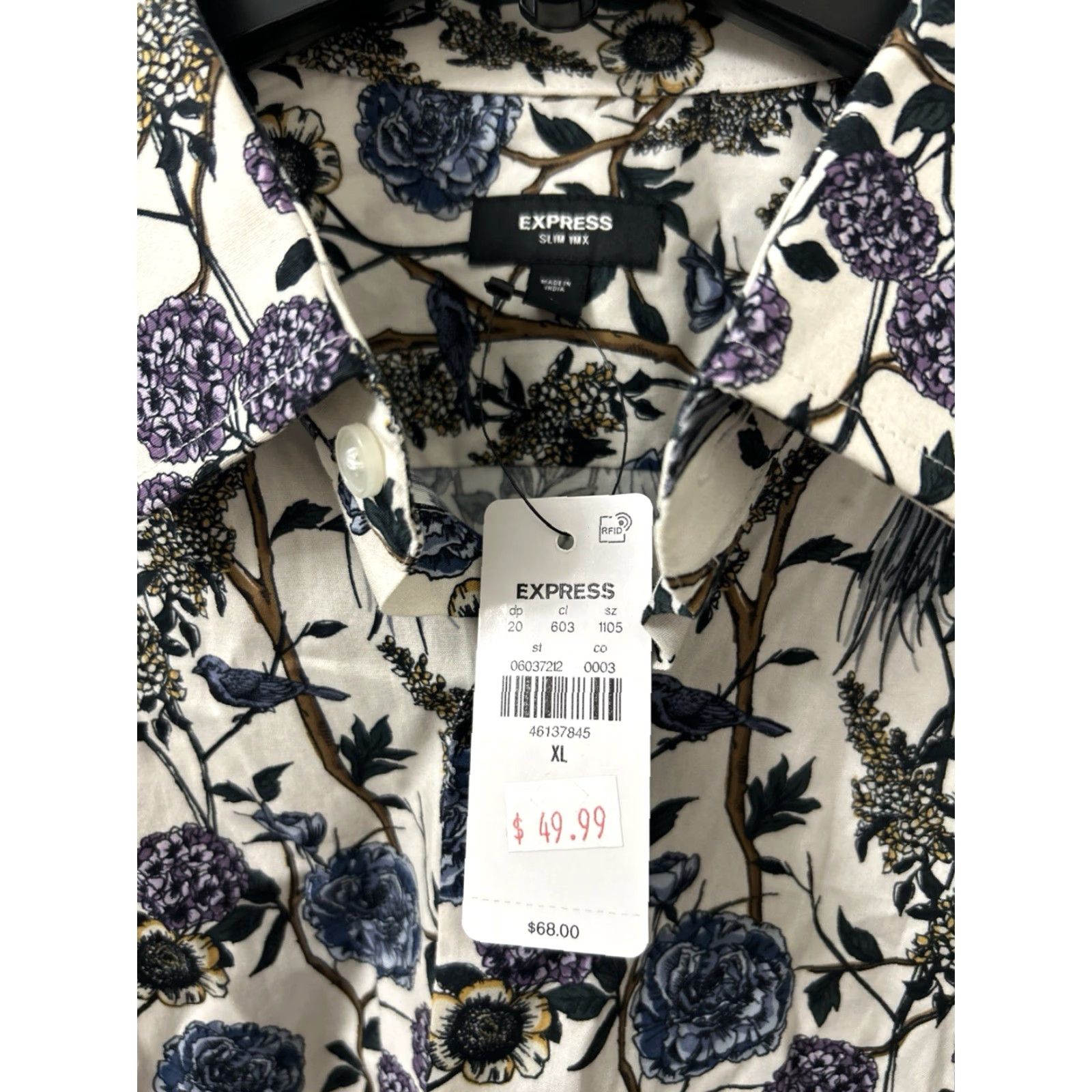Express Express Shirt Mens XL White Slim Fit Floral Botanical Bird Print Button Down L/S Shirt Size US XL / EU 56 / 4 - 5 Thumbnail