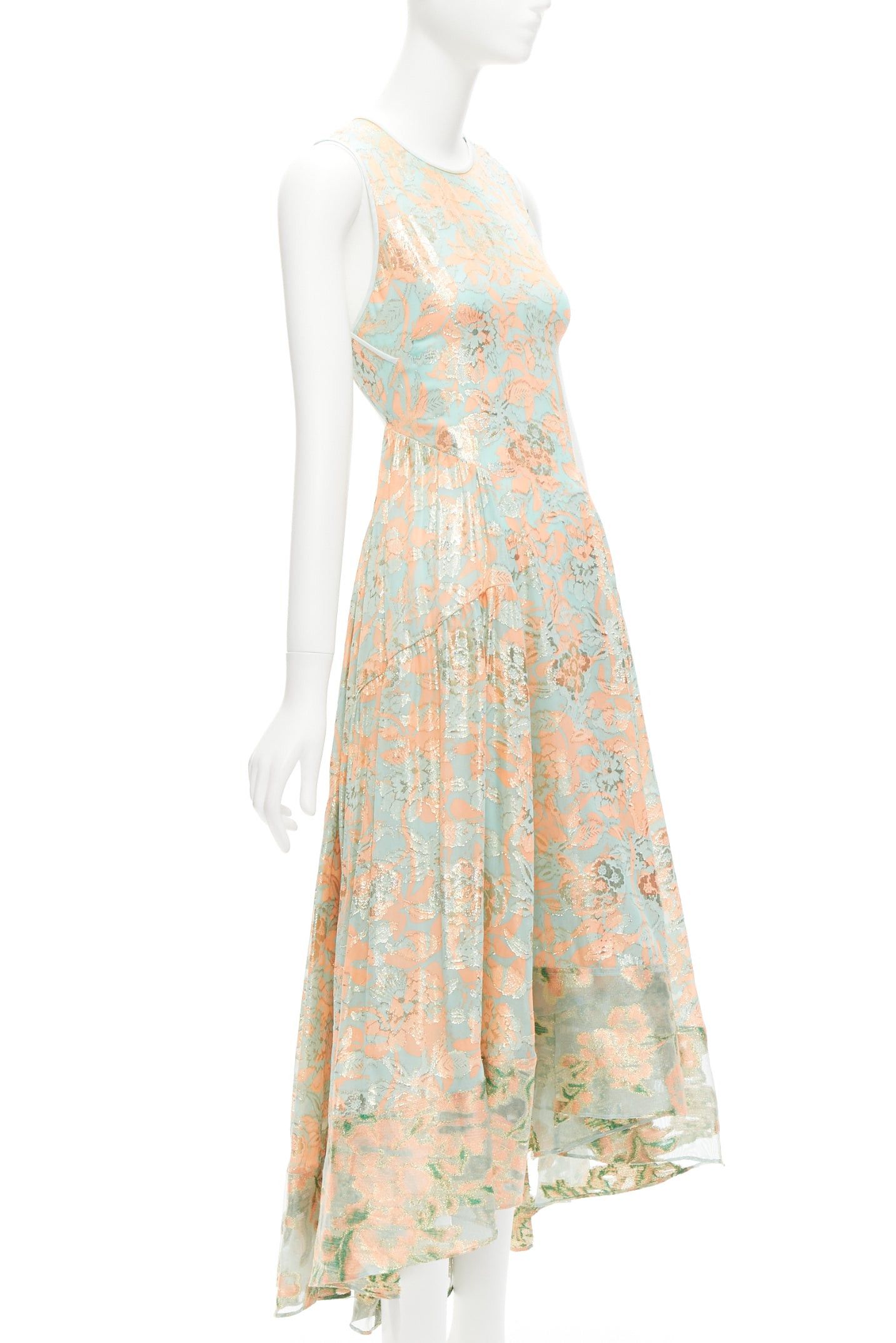 image of Tory Burch 2016 Runway Mint Green Pink Metallic Silk Floral Lace Brocade Dress Us2 S, Women's (Size