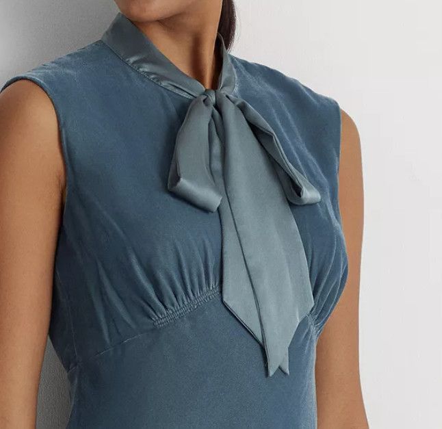 Ralph Lauren Lauren Ralph Lauren Tie-Neck Velvet Velour Dress Teal ( 14 ) Size XL / US 12-14 / IT 48-50 - 3 Thumbnail