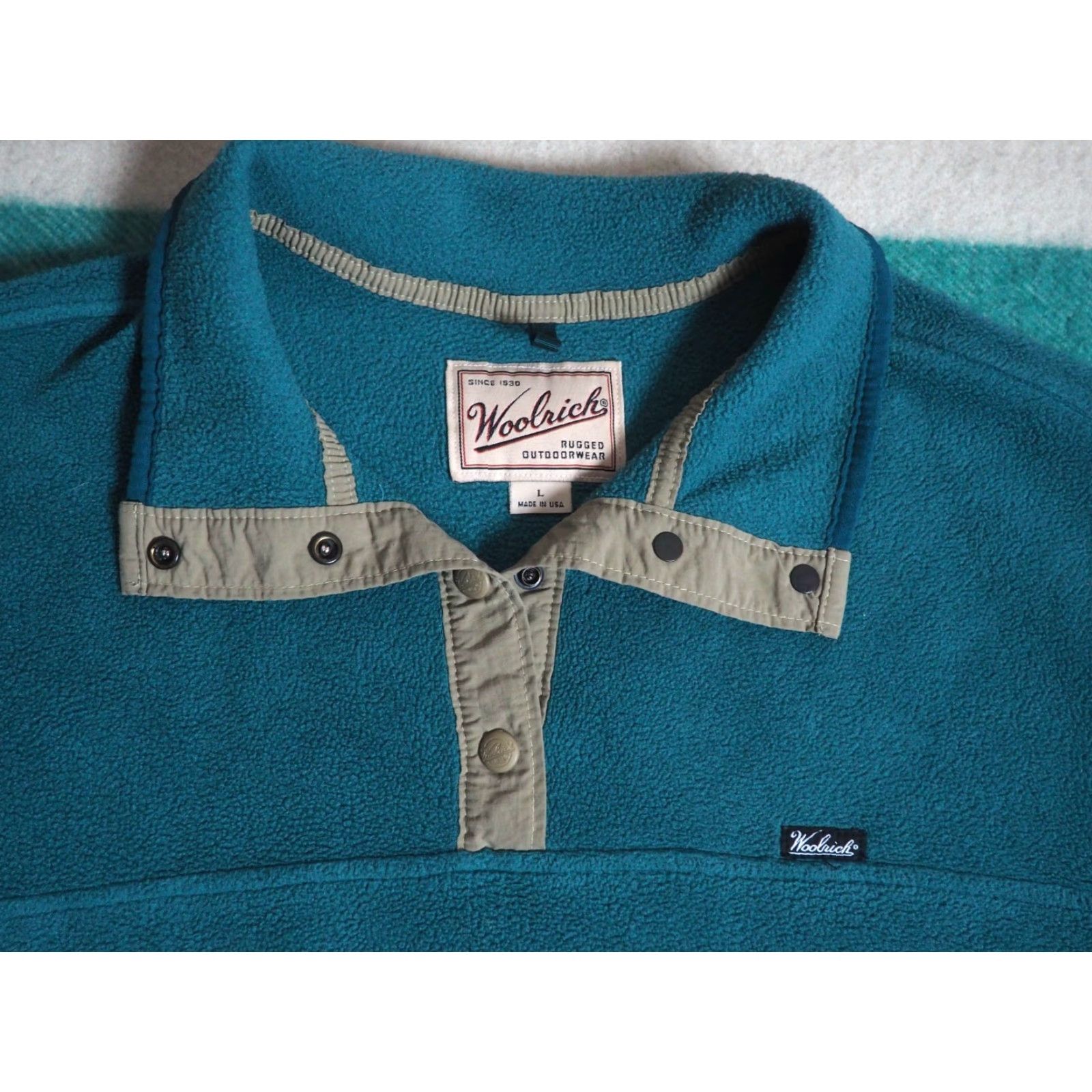 Vintage VTG Woolrich Teal Blue Green Logo Snap USA Hiking Fleece Jacket Mens L Size US L / EU 52-54 / 3 - 2 Thumbnail