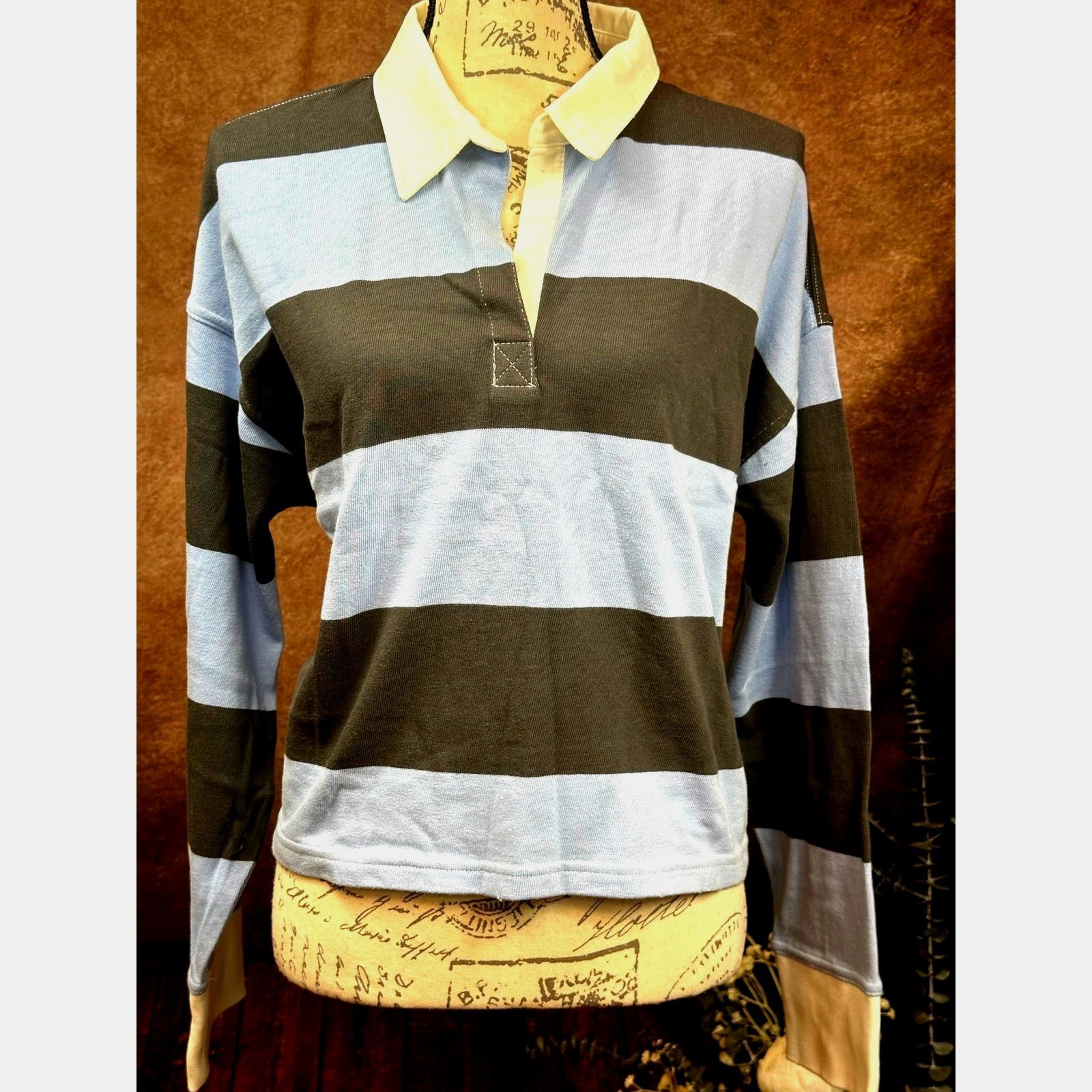 Other Aerie Striped Cropped Long Sleeve Collared Top Blue Black L Size L / US 10 / IT 46 - 4 Thumbnail