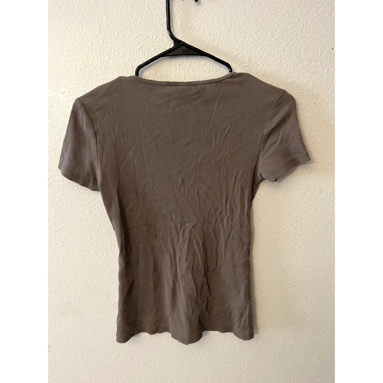 H&M H&M Top Women Brown Solid Cotton Blend Short Sleeve T-Shirt Crew Neck Cap Sleeve Slimming All Seasons Easy Care Regular Size S Casual Vintage: No Size S / US 4 / IT 40 - 2 Thumbnail
